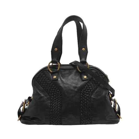 YSL MUSE Black Leather Studs Braided Handbag Shoulder Bag Golden hardware Removable shoulder strap-(SKU)-947588322