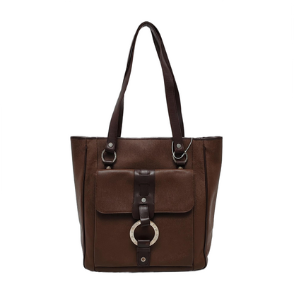 BVLGARI LOGO MANIA Brown Leather Circle Single Shoulder Bag Silver Hardware-(SKU)-947607333