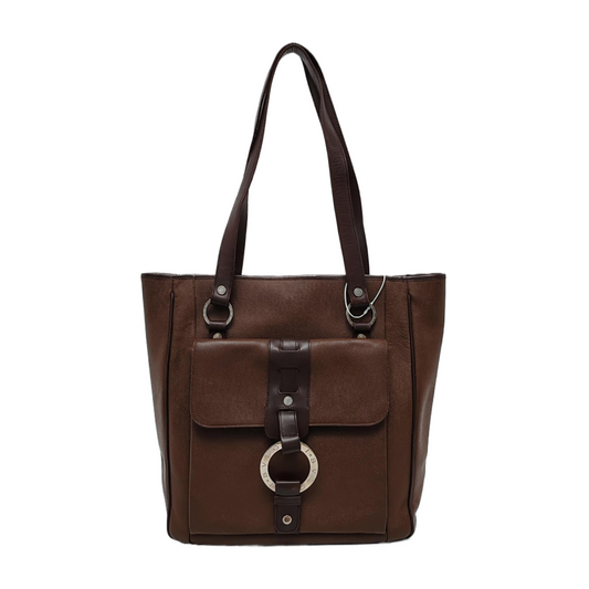 BVLGARI LOGO MANIA Brown Leather Circle Single Shoulder Bag Silver Hardware-(SKU)-947607333