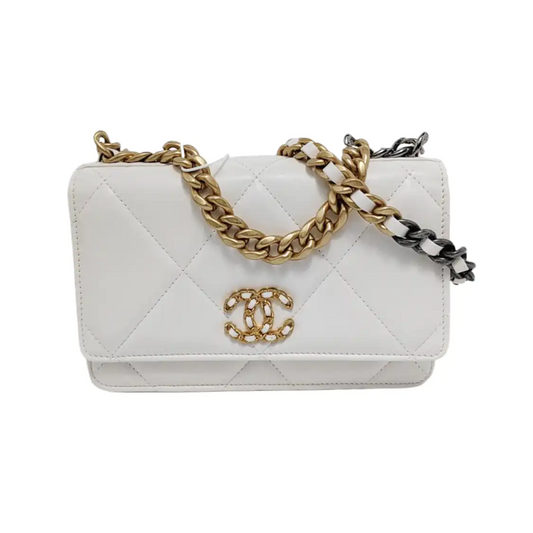 CHANEL CHANEL 19 WOC white leather quilted diamond-stitched shoulder bag handbag crossbody bag gold silver ruthenium hardware 31 carat complete accessories-(SKU)-947833268