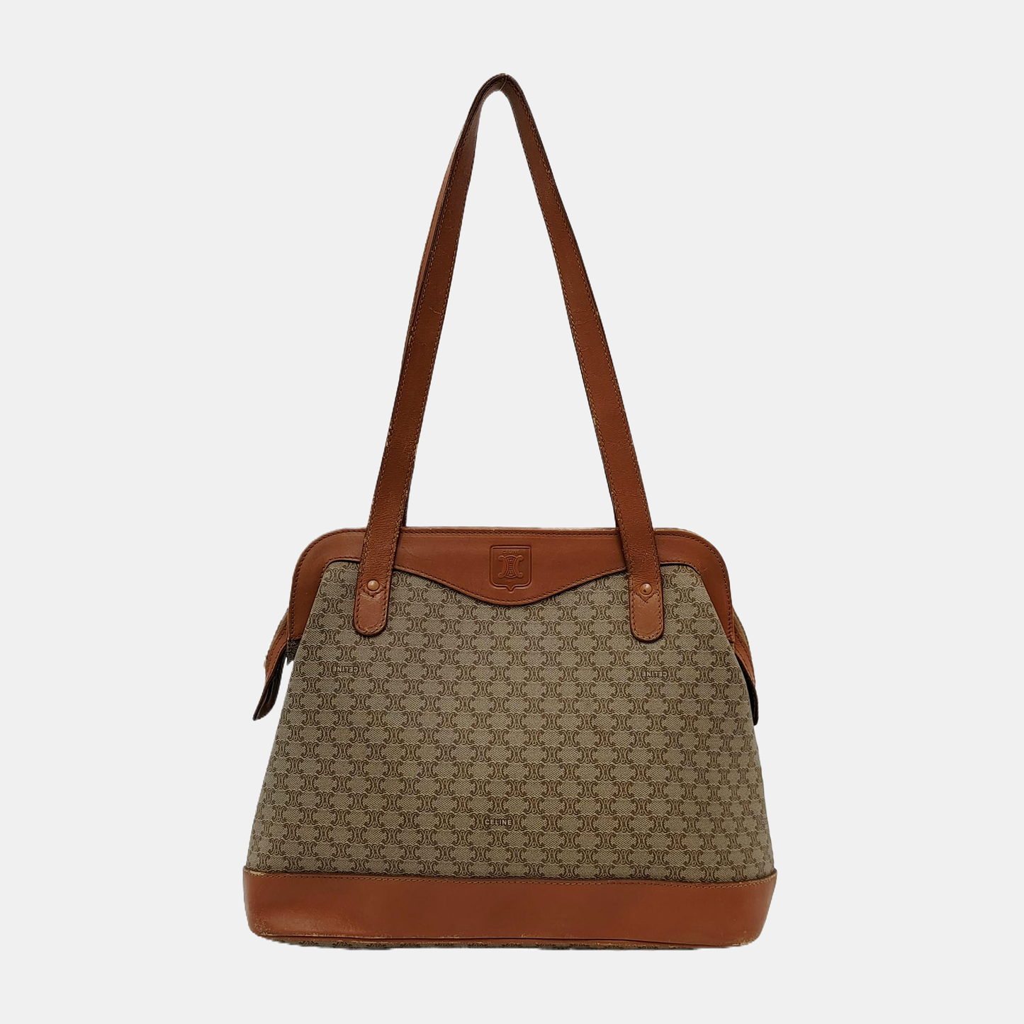 CELINE Tote bag Khaki Coated Canvas Triumph Grained Shoulder Bag Handbag Brown Hardware-(SKU)-947832104