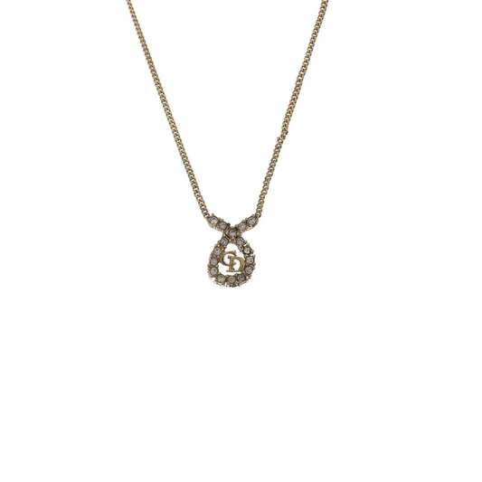 DIOR Dior Oblique Golden Alloy Artificial Diamond Encrusted Necklace Length45cm-(SKU)-941361795