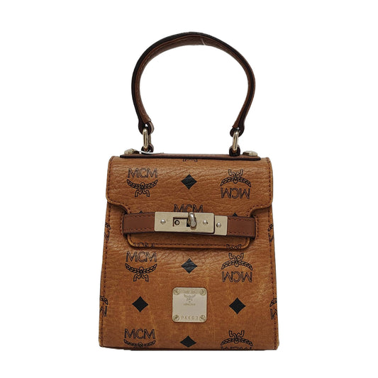 MCM Cognac Coated Canvas Monogrammed Single Shoulder Bag Tote Bag Crossbody Bag Golden hardware shoulder straps-(SKU)-940158793