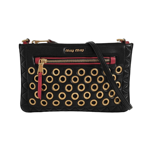 Miu Miu Black Sheepskin Quilted Studs Crossbody Shoulder Bag Clutch Golden hardware Removable shoulder strap-(SKU)-949793506