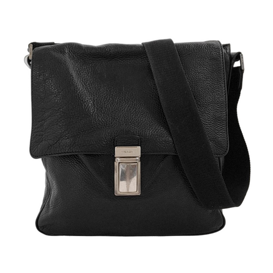PRADA Easy Black cowhide cross-grain shoulder bag/crossbody bag Silver Hardware-(SKU)-950024216