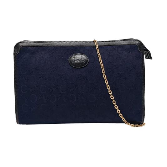 CELINE Dark Blue Canvas Floral Handbag Golden hardware-(SKU)-950300575