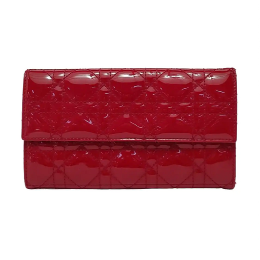 DIOR Lady Dior Burgundy Patent Leather Basketweave Stitched Wallet Golden hardware-(SKU)-950463180