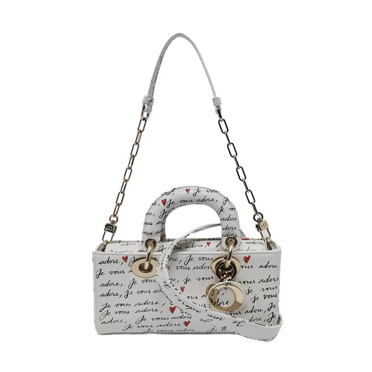 DIOR Lady D-Joy Small White Leather Printed Crossbody Bag Single Shoulder Bag with Gold Red Hardware 2 Removable Shoulder Straps-(SKU)-950358762