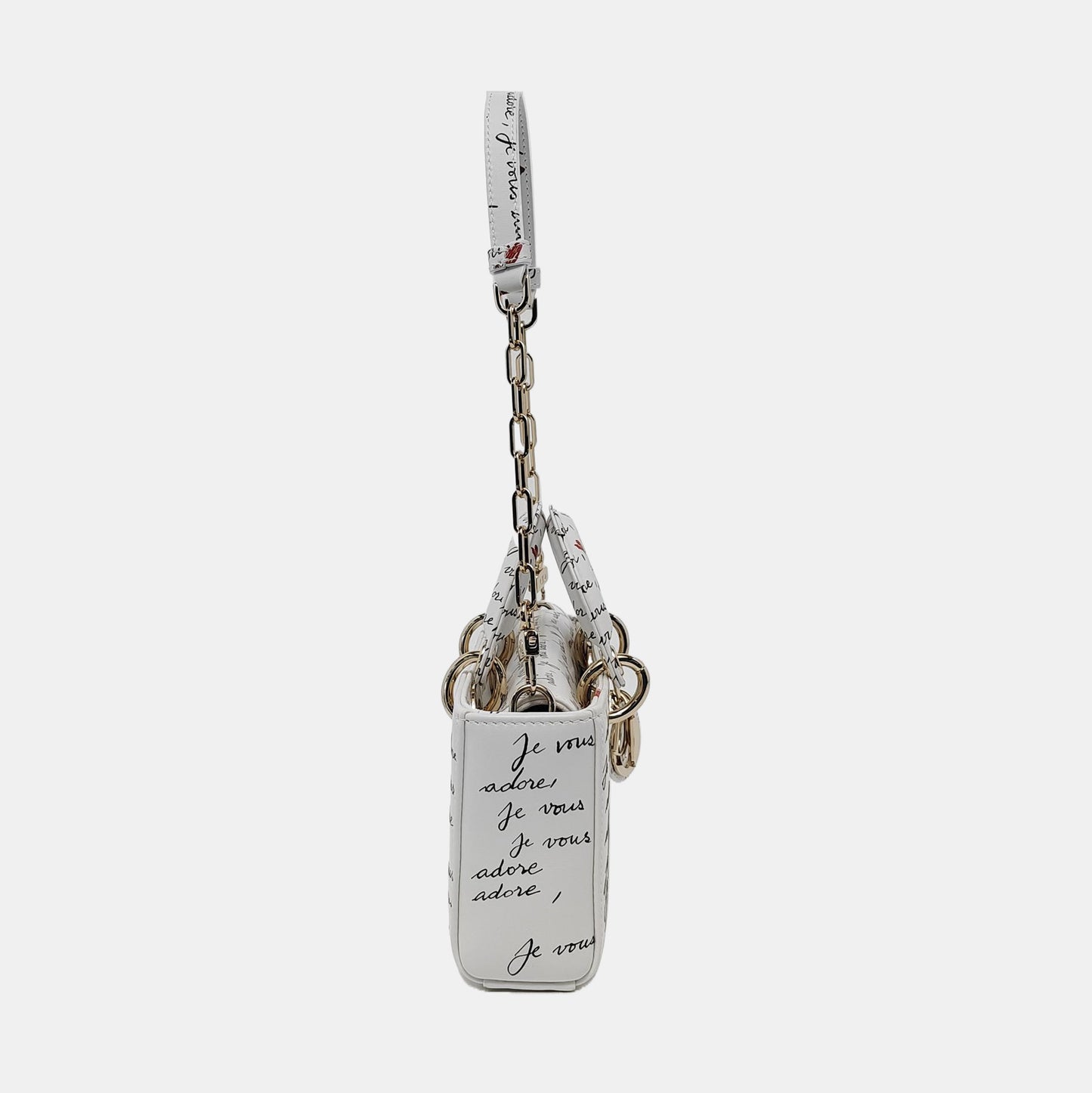 DIOR Lady D-Joy Small White Leather Printed Crossbody Bag Single Shoulder Bag with Gold Red Hardware 2 Removable Shoulder Straps-(SKU)-950358762