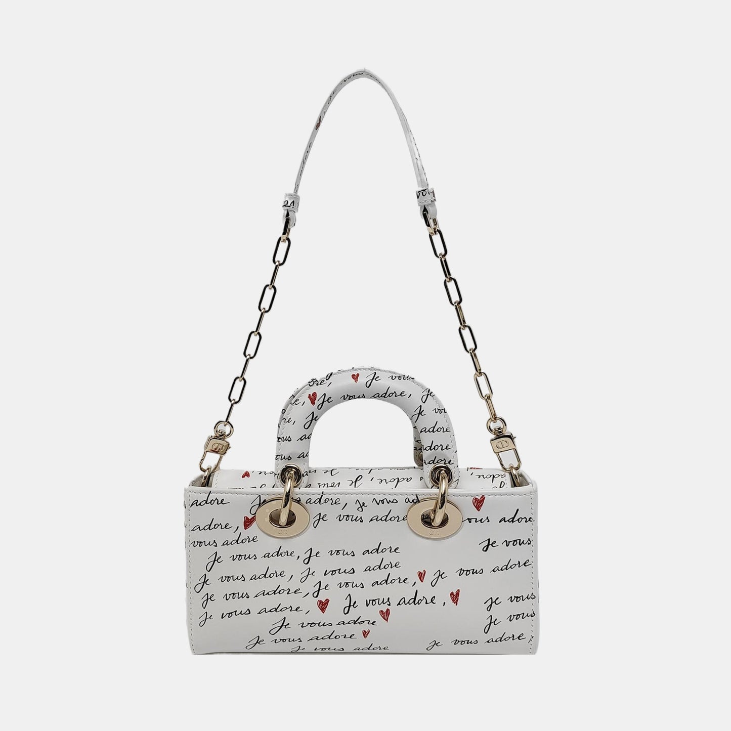 DIOR Lady D-Joy Small White Leather Printed Crossbody Bag Single Shoulder Bag with Gold Red Hardware 2 Removable Shoulder Straps-(SKU)-950358762