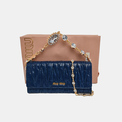 Miu Miu Dark Blue Sheepskin Stitched Wallet Golden hardware-(SKU)-950467224