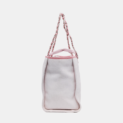 CHANEL DEAUVILLE Large White Canvas Beach Bag Single Shoulder Bag with Silver Hardware, 21 Clasp-(SKU)-950557027