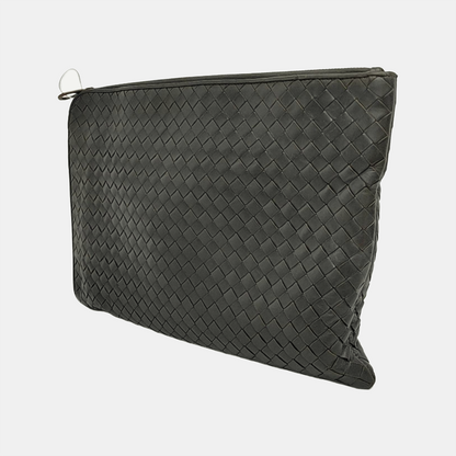 BOTTEGA VENETA Dark grey leather woven clutch Black hardware-(SKU)-950533562