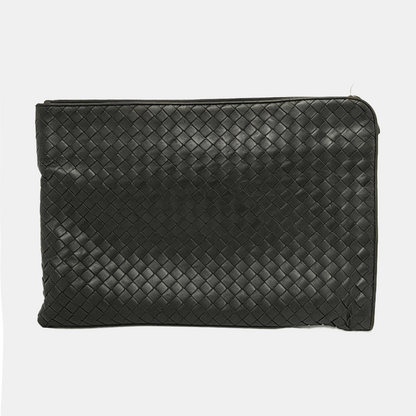 BOTTEGA VENETA Dark grey leather woven clutch Black hardware-(SKU)-950533562