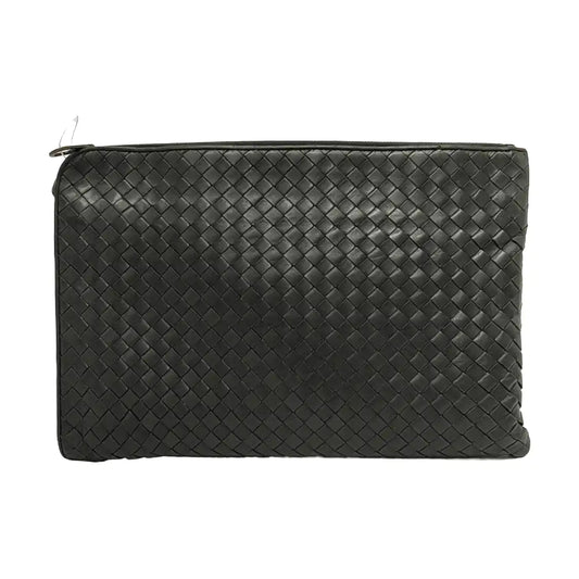 BOTTEGA VENETA Dark grey leather woven clutch Black hardware-(SKU)-950533562