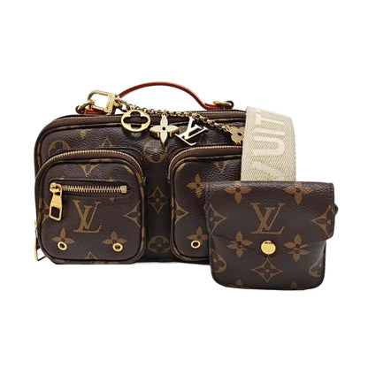 LOUIS VUITTON UTILITY Brown Coated Canvas Monogram Camera Bag Shoulder Bag Tote Bag Gold Hardware Removable Strap-(SKU)-950345496