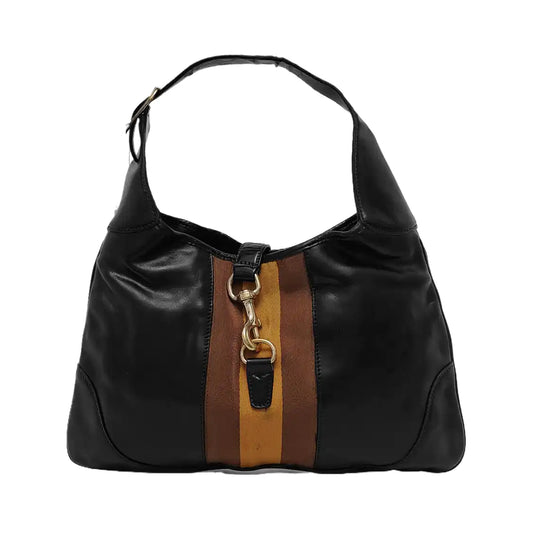 GUCCI Jackie Black Cowhide Stripe Strap Shoulder Bag Tote Golden hardware-(SKU)-945400595