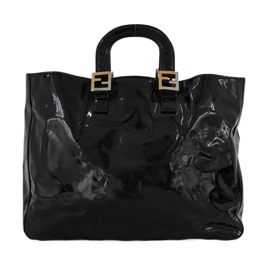 FENDI Tote bag Black漆皮双FHandheld包 Golden Silver Hardware-(SKU)-951092965