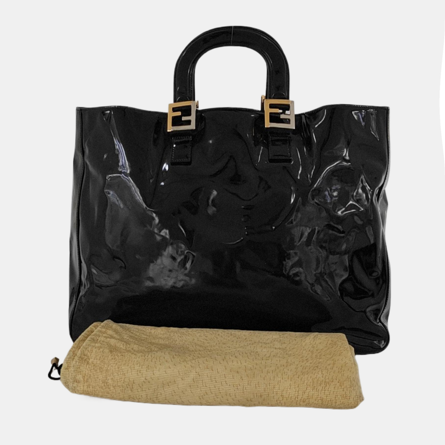 FENDI Tote bag Black漆皮双FHandheld包 Golden Silver Hardware-(SKU)-951092965