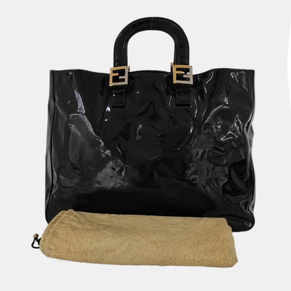 FENDI Tote bag Black漆皮双FHandheld包 Golden Silver Hardware-(SKU)-951092965