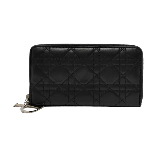 DIOR Lady Dior Black Lamb Leather  chevron pattern Wallet Silver Hardware-(SKU)-951110032