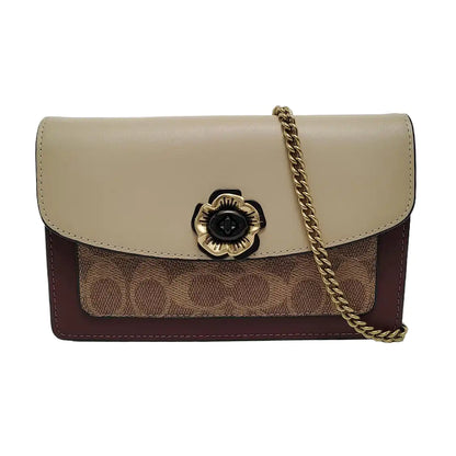 COACH PARKER Khaki leather old flower camellia crossbody bag, single shoulder bag Gold Black Hardware Removable shoulder strap-(SKU)-951589368