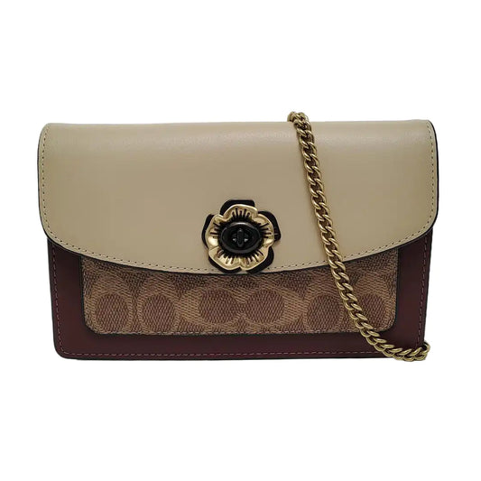 COACH PARKER Khaki leather old flower camellia crossbody bag, single shoulder bag Gold Black Hardware Removable shoulder strap-(SKU)-951589368