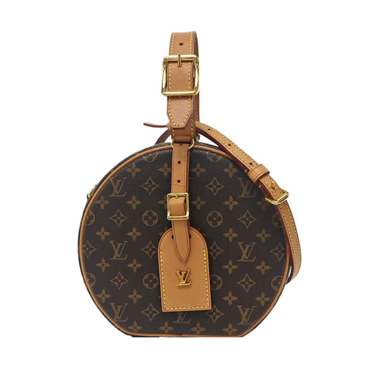 LOUIS VUITTON BOITE CHAPEAU Small Brown Coated Canvas Monogram Pattern Round Pie Bag Single Shoulder Bag Tote Bag Crossbody Bag Golden Hardware Removable Strap-(SKU)-951582501