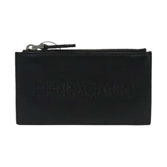 FERRAGAMO Black Cowhide Embossed Card Case Silver Hardware-(SKU)-951564826