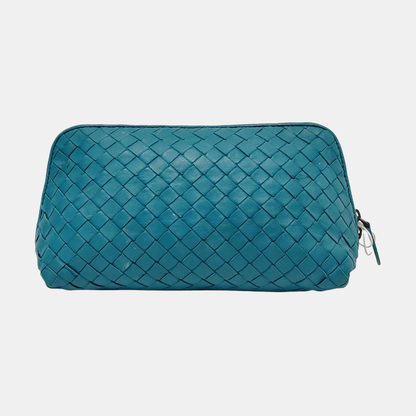 BOTTEGA VENETA Blue-Green Sheepskin Woven Handbag Black hardware-(SKU)-951463854