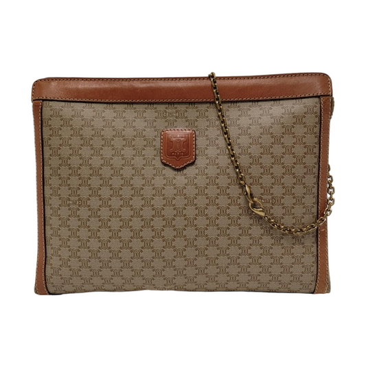 CELINE MACADAM CLUTCHES Beige Coated Canvas Triumph Handbag Brown Hardware-(SKU)-951569152