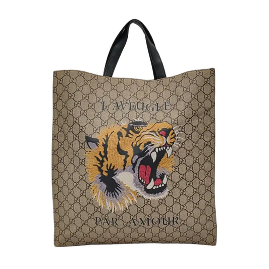 GUCCI Tote bag Brown Coated Canvas Monogrammed Tiger Head Handbag Golden hardware-(SKU)-951669810