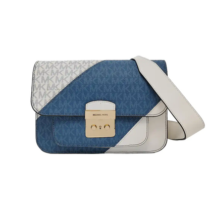 MICHAEL KORS Sloan Editor Blue Coated Canvas Monogrammed Crossbody Bag with Shoulder Strap and Handbag Golden hardware Removable shoulder strap-(SKU)-951791936