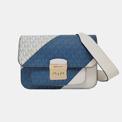 MICHAEL KORS Sloan Editor Blue Coated Canvas Monogrammed Crossbody Bag with Shoulder Strap and Handbag Golden hardware Removable shoulder strap-(SKU)-951791936