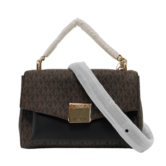 MICHAEL KORS Brown Coated Canvas Monogram Print Single Shoulder Bag Crossbody Tote Golden hardware Removable shoulder strap-(SKU)-951929731