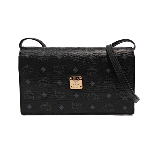 MCM Black coated canvas old flower printed crossbody bag, single shoulder bag Golden hardware Removable shoulder strap-(SKU)-951869892