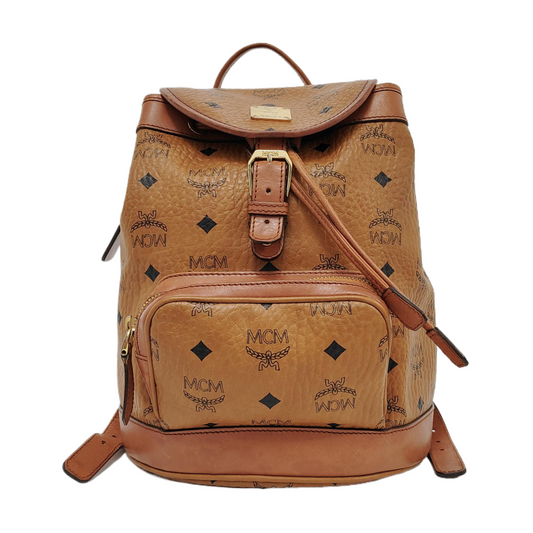 MCM Cognac Coated Canvas Monogrammed Backpack Golden hardware-(SKU)-951930001