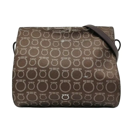 FERRAGAMO Dark Brown Coated Canvas Print Single Shoulder Bag Crossbody Bag Silver Hardware-(SKU)-952089727