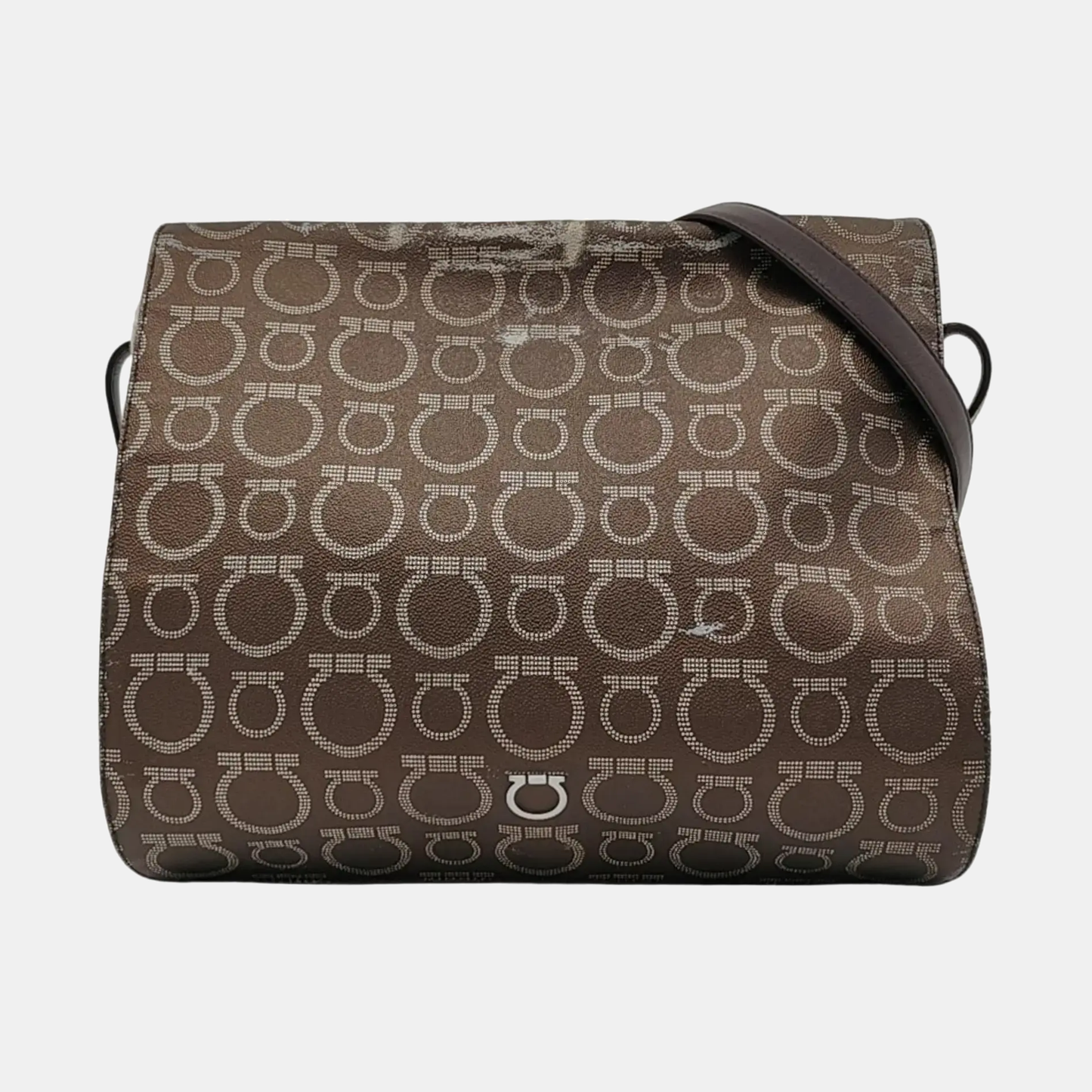 FERRAGAMO Dark Brown Coated Canvas Print Single Shoulder Bag Crossbody Bag Silver Hardware-(SKU)-952089727