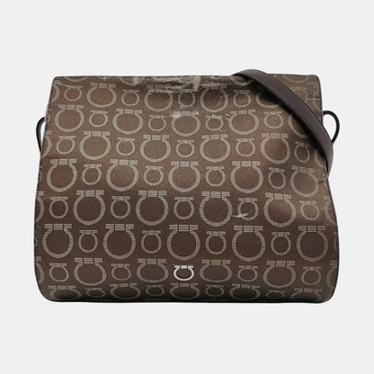 FERRAGAMO Dark Brown Coated Canvas Print Single Shoulder Bag Crossbody Bag Silver Hardware-(SKU)-952089727