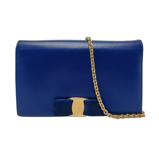 FERRAGAMO Ginny Blue Cowhide Crossbody Bag Golden hardware Removable shoulder strap-(SKU)-952268528