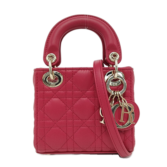 DIOR Lady Dior Super Mini Red Lamb Skin Cannage Embossed Three Compartment Crossbody Shoulder Bag Gold Hardware Removable Strap-(SKU)-952282248