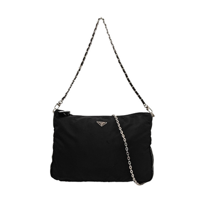PRADA Black Nylon Logo Clutch Golden Silver Hardware-(SKU)-952132561