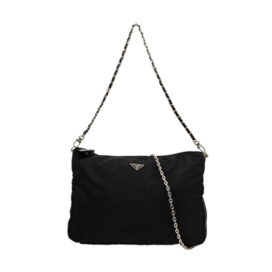 PRADA Black Nylon Logo Clutch Golden Silver Hardware-(SKU)-952132561