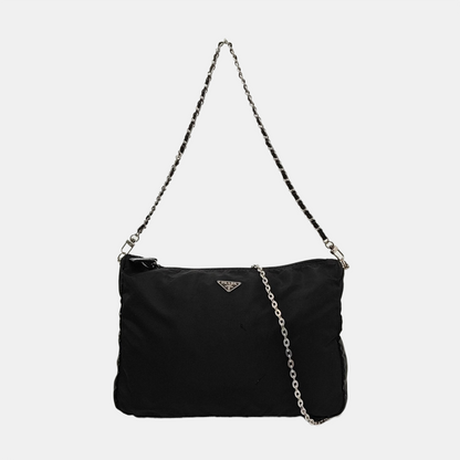 PRADA Black Nylon Logo Clutch Golden Silver Hardware-(SKU)-952132561