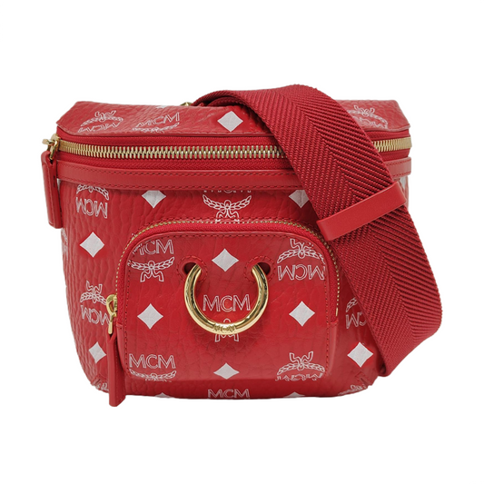 MCM KLASSIK Small size Red Coated Canvas Printed Shoulder Bag Crossbody Golden hardware Removable shoulder strap-(SKU)-952009308