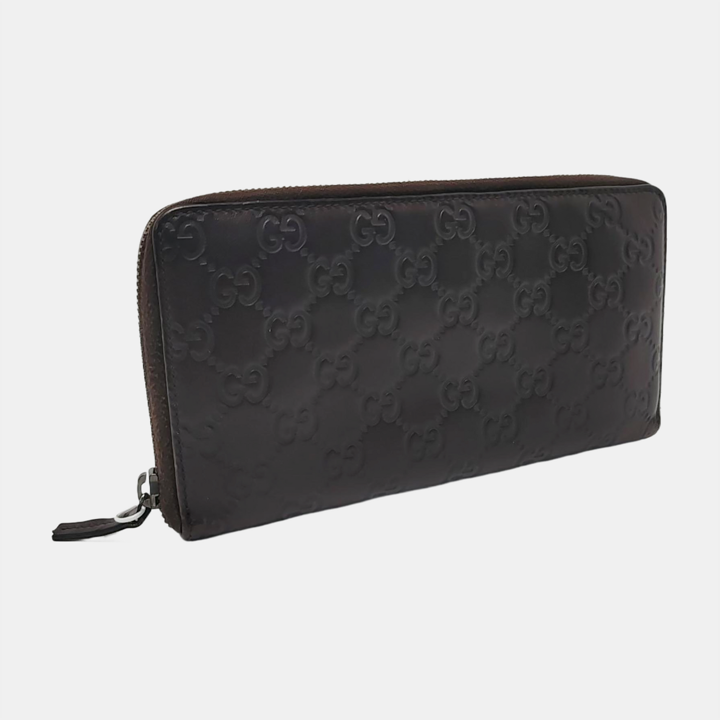 GUCCI Ligne Shima Dark Brown Cowhide Monogrammed Texture Wallet Silver Hardware-(SKU)-946371440