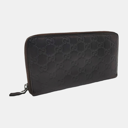 GUCCI Ligne Shima Dark Brown Cowhide Monogrammed Texture Wallet Silver Hardware-(SKU)-946371440