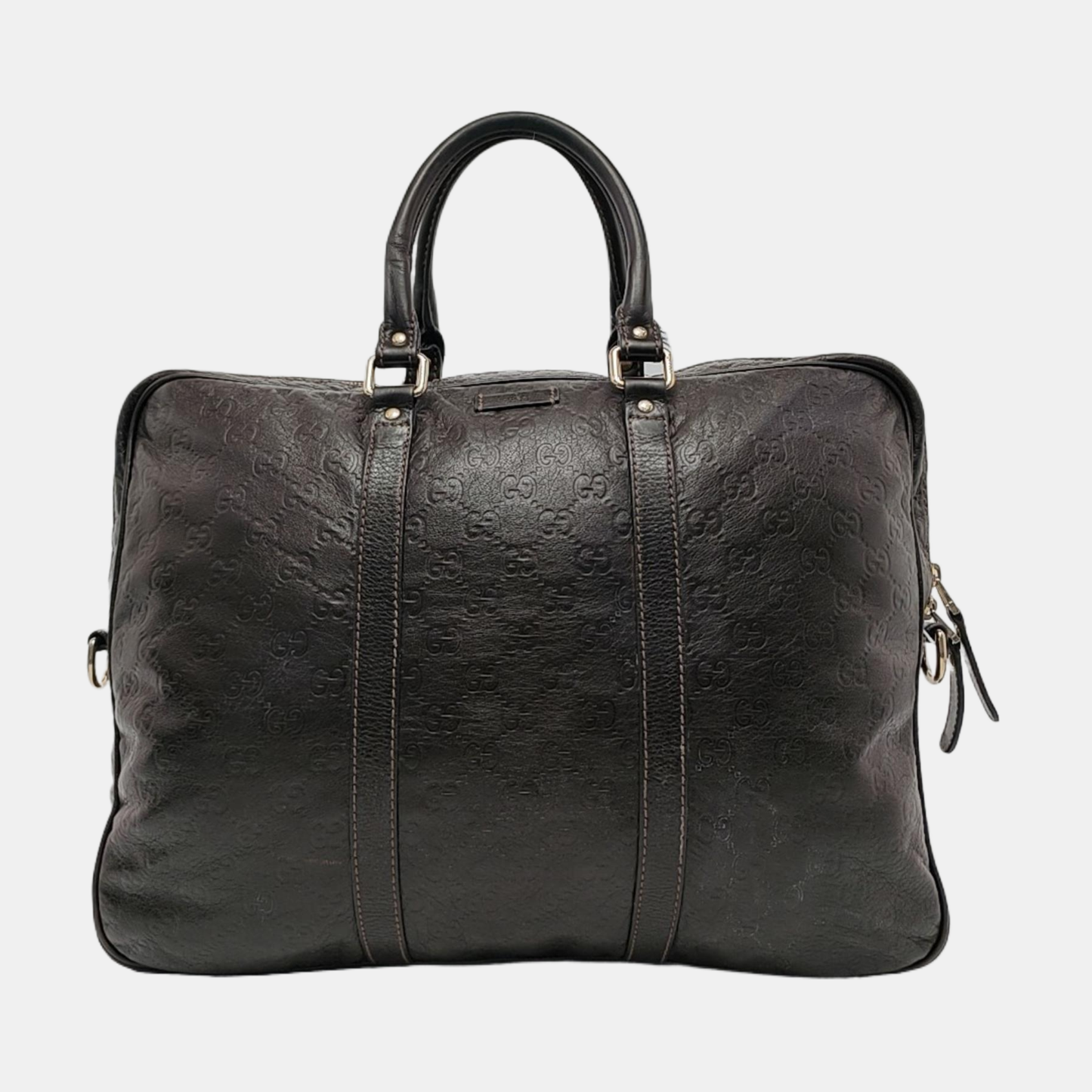 GUCCI Dark Brown Leather Vintage Embossed Tote Shoulder Bag Golden hardware-(SKU)-952168217
