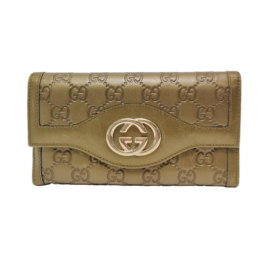 GUCCI Yellow-Green Calfskin Monogram Embossed Wallet Golden hardware-(SKU)-949959862